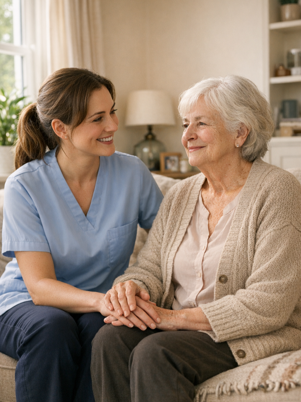 A compassionate care worker supporting an older adult comfortably at home in West Yorkshire